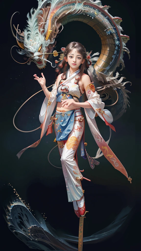 Official Art, Unified 8K Wallpapers, Ultra Detailed, Beautiful and Aesthetic, Masterpiece, Best Quality, (Zentangle, Tangle, Entangle), (fractal art: 1.4), (character center: 1.3), 1girl, black hair, japanese, off-the-shoulders, short skirt, calf, navel, very detailed, dynamic angle, cowboyshot, (most beautiful form of chaos), ethereal, (bright colors), oc, (half: 1.2), japan, (thangka flying sky: 1.5), (ribbon: 1.3), (dream: 1.5), (hanfu: 1.5), Chinese dragon, Chinese phoenix, (smile: 0.5), ( Chinese deities),