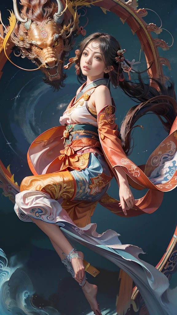Official Art, Unified 8K Wallpapers, Ultra Detailed, Beautiful and Aesthetic, Masterpiece, Best Quality, (Zentangle, Tangle, Entangle), (fractal art: 1.4), (character center: 1.3), 1girl, black hair, japanese, off-the-shoulders, short skirt, calf, navel, very detailed, dynamic angle, cowboyshot, (most beautiful form of chaos), ethereal, (bright colors), oc, (half: 1.2), japan, (thangka flying sky: 1.5), (ribbon: 1.3), (dream: 1.5), (hanfu: 1.5), Chinese dragon, Chinese phoenix, (smile: 0.5), ( Chinese deities),