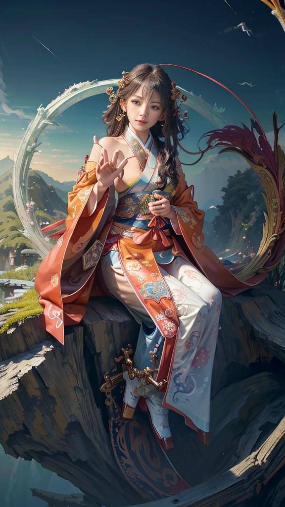 Official Art, Unified 8K Wallpapers, Ultra Detailed, Beautiful and Aesthetic, Masterpiece, Best Quality, (Zentangle, Tangle, Entangle), (fractal art: 1.4), (character center: 1.3), 1girl, black hair, japanese, off-the-shoulders, short skirt, calf, navel, very detailed, dynamic angle, cowboyshot, (most beautiful form of chaos), ethereal, (bright colors), oc, (half: 1.2), japan, (thangka flying sky: 1.5), (ribbon: 1.3), (dream: 1.5), (hanfu: 1.5), Chinese dragon, Chinese phoenix, (smile: 0.5), ( Chinese deities),