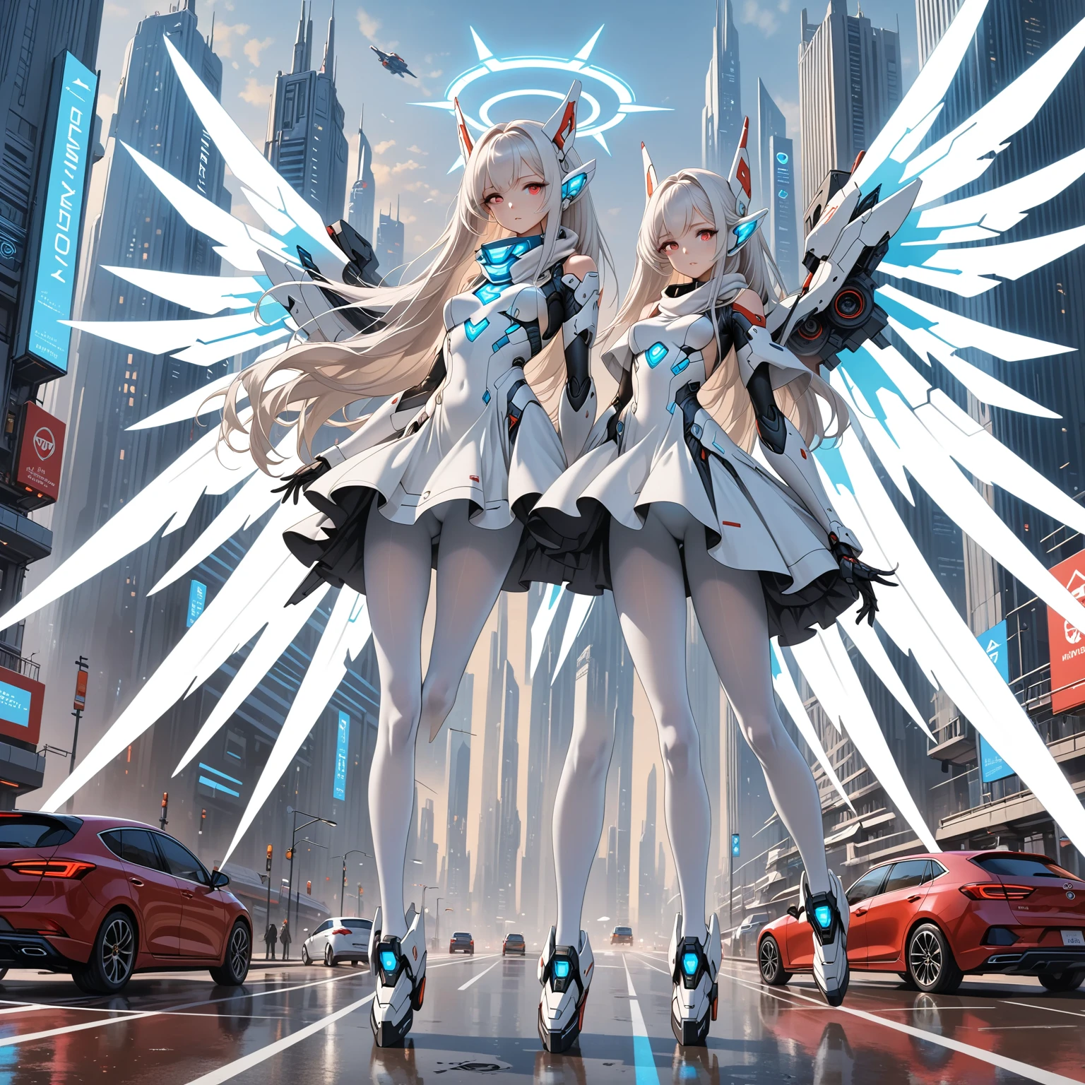 masterpiece, highest quality, highest resolution, clear_image, detailed details, white hair, long hair, 1 girl, car ears, red eyes, futuristic wings, futuristic halo, white sci fi mecha dress, white scarf (around the neck withn a light blue glow), white pantyhose, full body, no water marks, city, no extra limps, no extra body, no extra legs, no extra arms, no extra heads