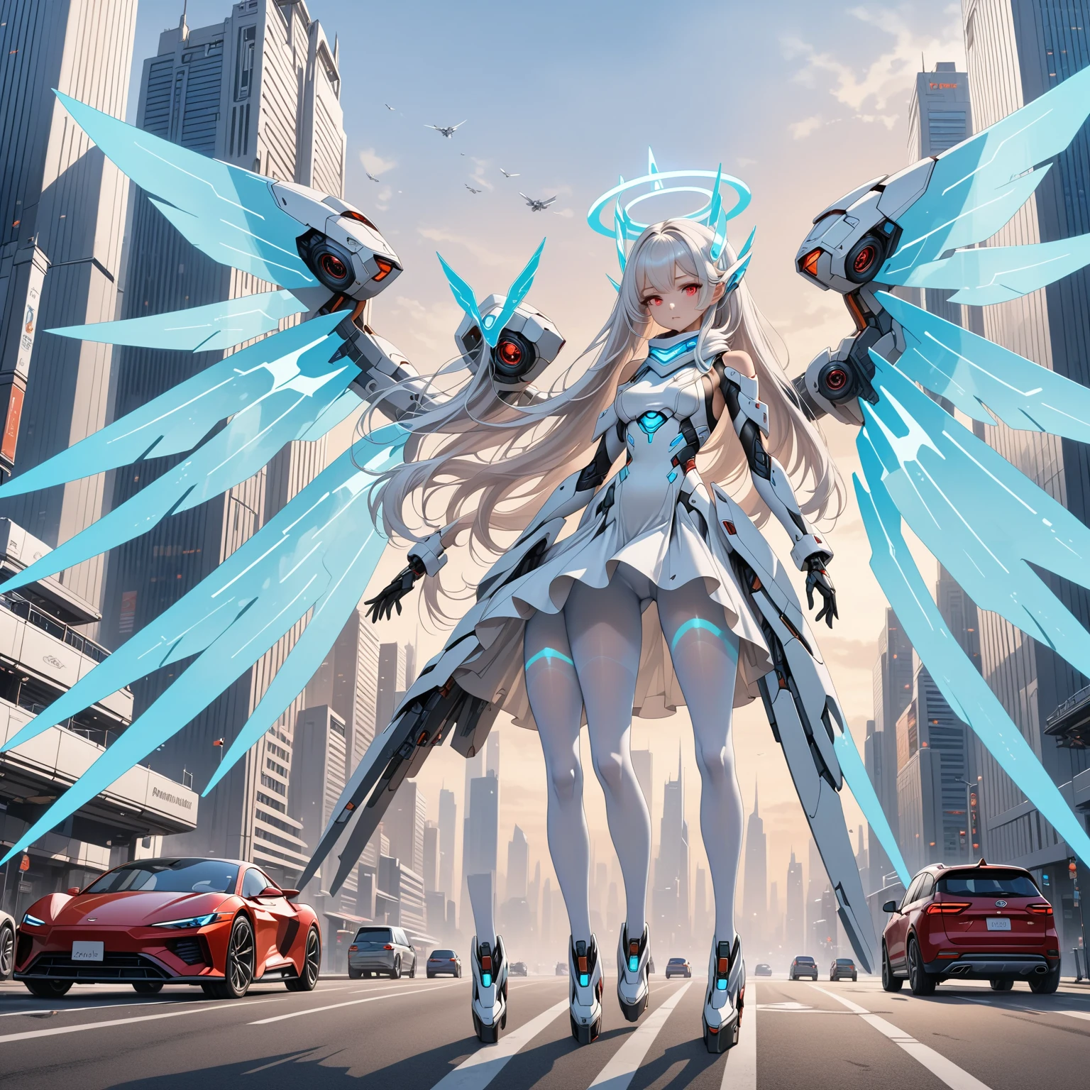 masterpiece, highest quality, highest resolution, clear_image, detailed details, white hair, long hair, 1 girl, car ears, red eyes, futuristic wings, futuristic halo, white sci fi mecha dress, white scarf (around the neck withn a light blue glow), white pantyhose, full body, no water marks, city, no extra limps, no extra body, no extra legs, no extra arms, no extra heads