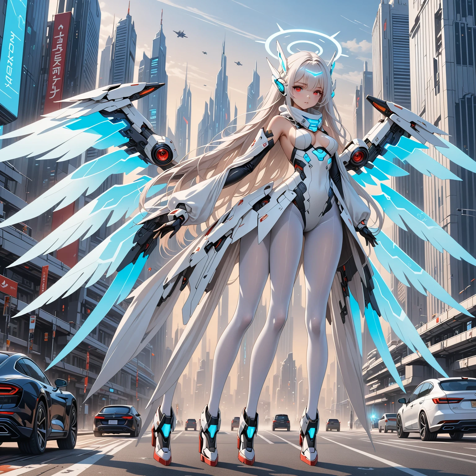 masterpiece, highest quality, highest resolution, clear_image, detailed details, white hair, long hair, 1 girl, car ears, red eyes, futuristic wings, futuristic halo, white sci fi mecha dress, white scarf (around the neck withn a light blue glow), white pantyhose, full body, no water marks, city, no extra limps, no extra body, no extra legs, no extra arms, no extra heads