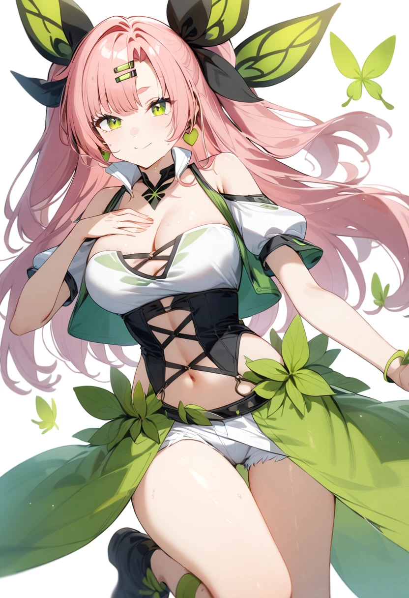 An anime girl，Pink long hair，Green eyes，Immortal Cultivation，chest，thigh，Fairy