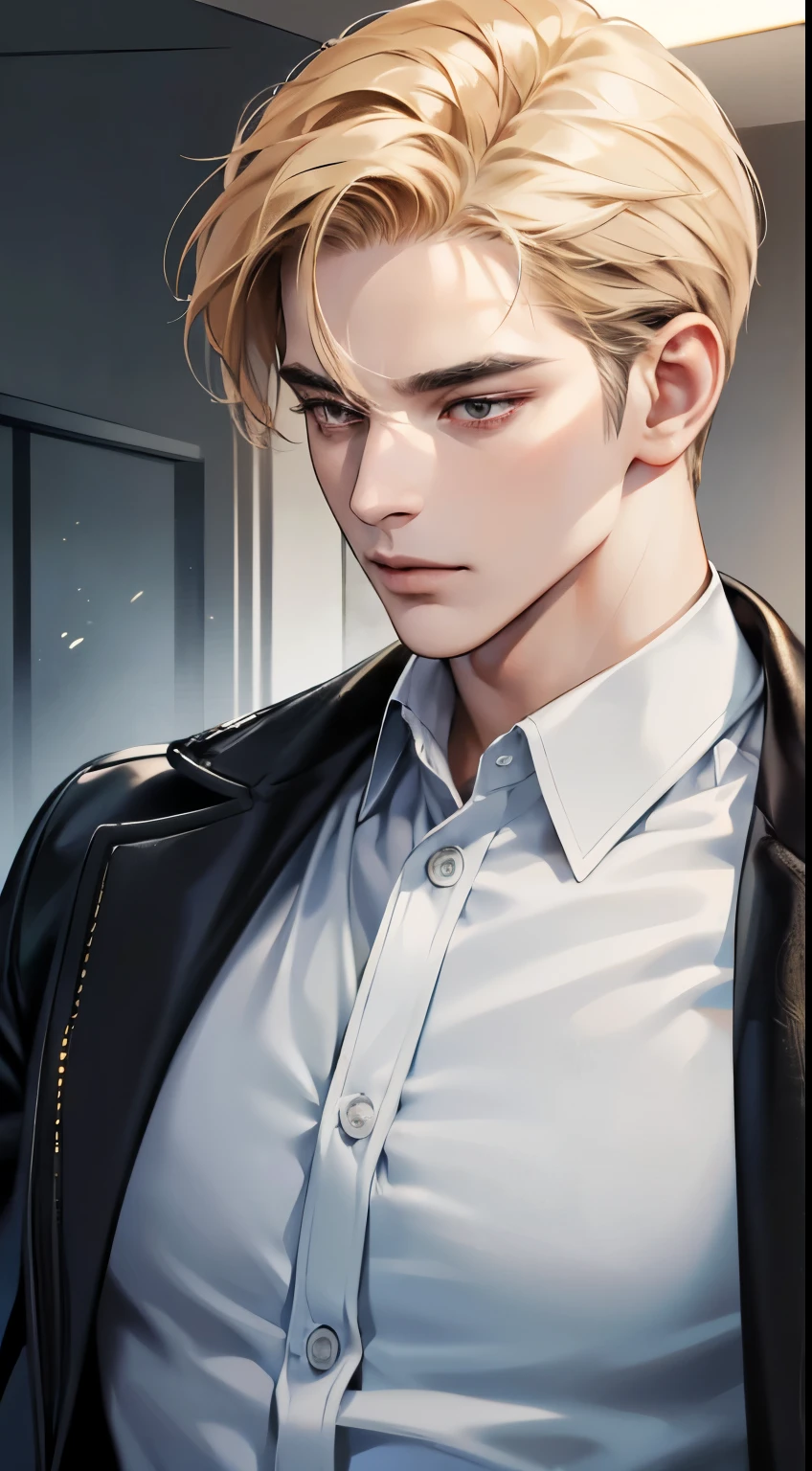 (best quality, masterpiece, 8K, photorealistic, cinematic lighting, 1:4 hdr image, ultra detailed, beautiful image), a mature man, 34 years very handsome, ((cold expression)), short golden hair, red eyes, face perfect without mistakes, ((buttoning his jacket, CEO))
