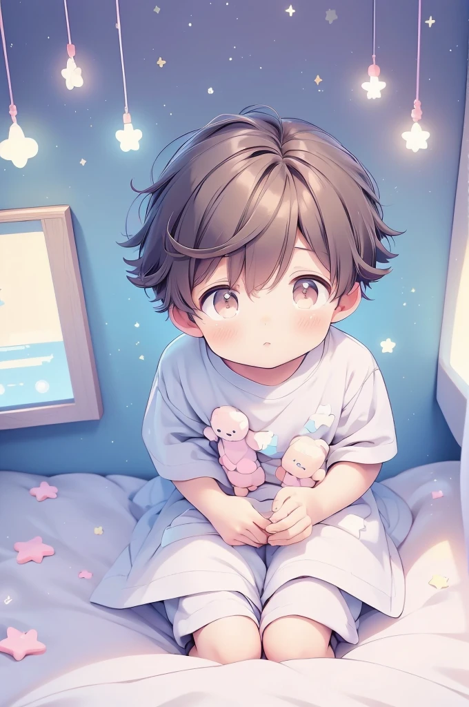 2 boys,((2 boys sitting on bed)), black hair,reading a book, bedroom, cute room,((pastel colors)),kawaiitech,cute colors,kawaii,stars are hanging above bed,bedtime stories,pillows,soft toys,bedcover,masterpiece,((ultra detailed)),flat coloring,cute flat colors,(((view from above))),oikawa tooru,brown hair,brown eyes,looking at viewer