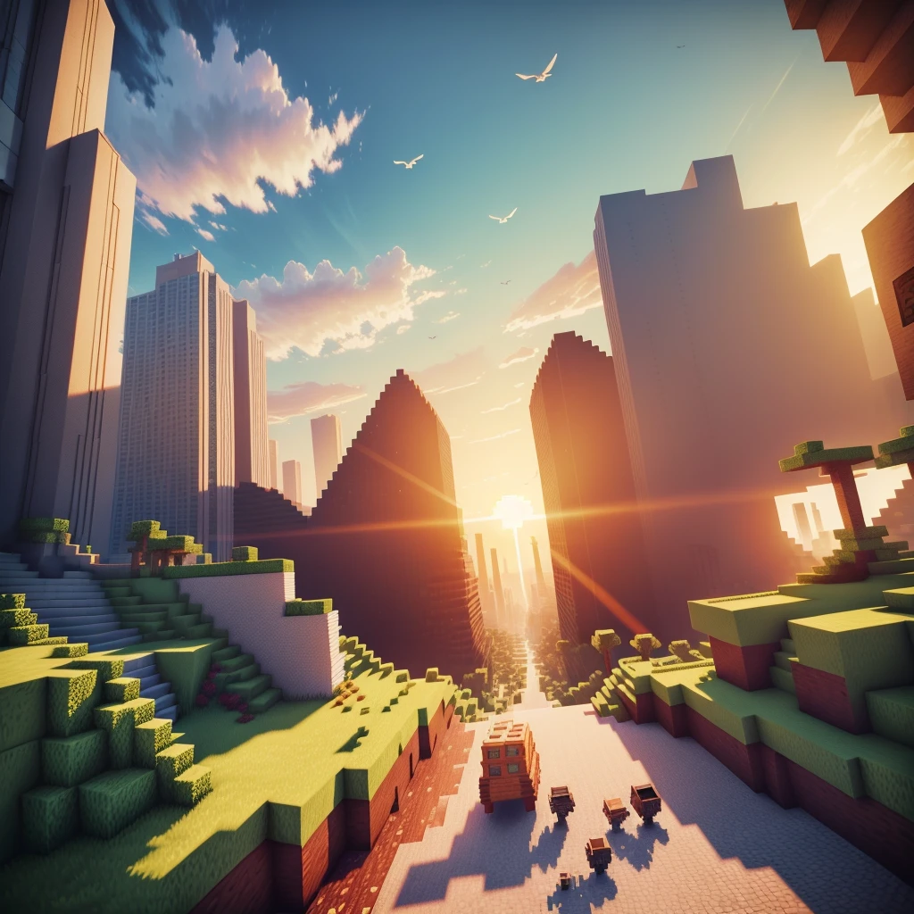 Minecraft style sunset landscape, birds, Raytracing, HD, ultra detaild, bonitas, wall-paper, minecraft style, 8K