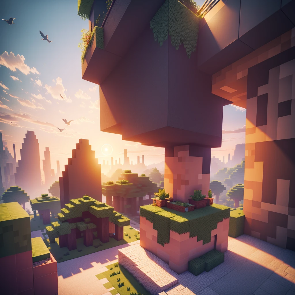 Minecraft style sunset landscape, birds, Raytracing, HD, ultra detaild, bonitas, wall-paper, minecraft style, 8K