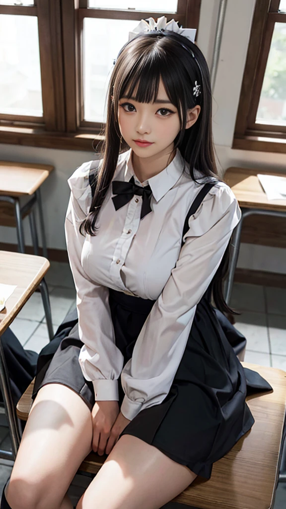 ((Medium-breasted, Small Head)), (Perfect Body: 1.1), (Young), (Short Wavy Hair: 1.2), (((School Uniform)), (Highly Detailed CG 8k Wallpaper), (Very Delicate and Beautiful), (Masterpiece), (Best Quality: 1.0), (Ultra High Definition: 1.0), Beautiful Lighting, Realistic Shadows, [Hi-Res], (((Realistic Skin))), Ultra Detail, A Little Thicker Thigh, ( Beautiful Long Hair), Beautiful Big,(Blush), Photonic, Realistic Face, Realistic Eyes, (Small Eyes), (Eyeliner), (Mascara), Sexy, (Sexy Woman), (Adult Woman), (Dark Brown Hair), Pictures of 20 Year Old Women, (White Lace Panties), (Sitting with Legs Spread On Wooden Chairs in Classroom)(School Uniforms), Blurry Background,( Black knee-high socks with white lines, above the knee),(white shirt), loafers, black socks, (black tie), (black pleated skirt), bangs, brown footwear, (shiny big), school background, (clear brown eyes),sitting, panty shot, legs spread wide, (shiny all over the body) (glossy on the body), ((legs spread wide)),hands behind the back, shiny on the legs, shiny on the legs, sweat, (glossy on the legs), absolute area, knee raising, knee opening,