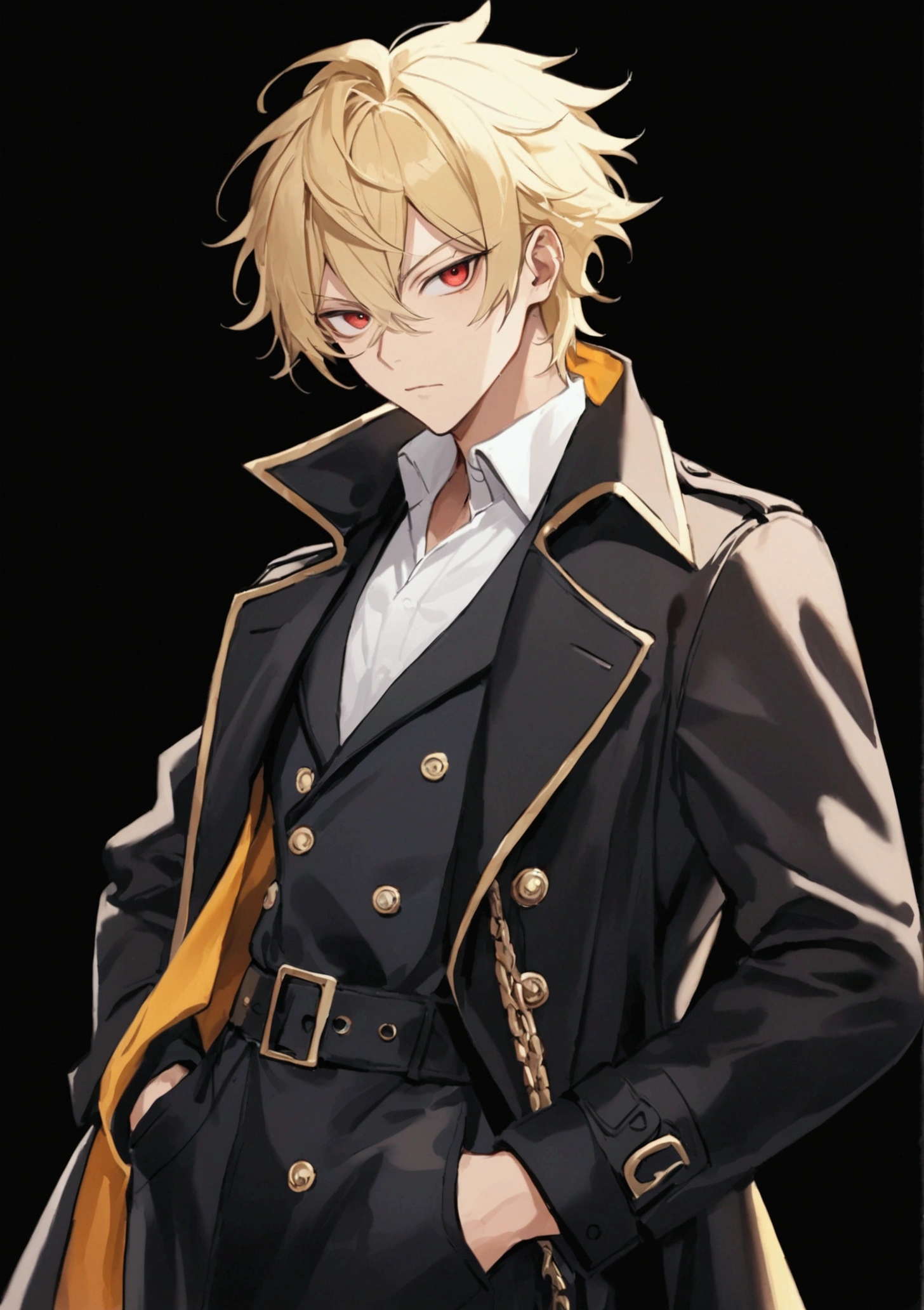 Poker face,Hands in pockets,Exquisite facial features,blond，Red Eyes，Young male，Black trench coat
