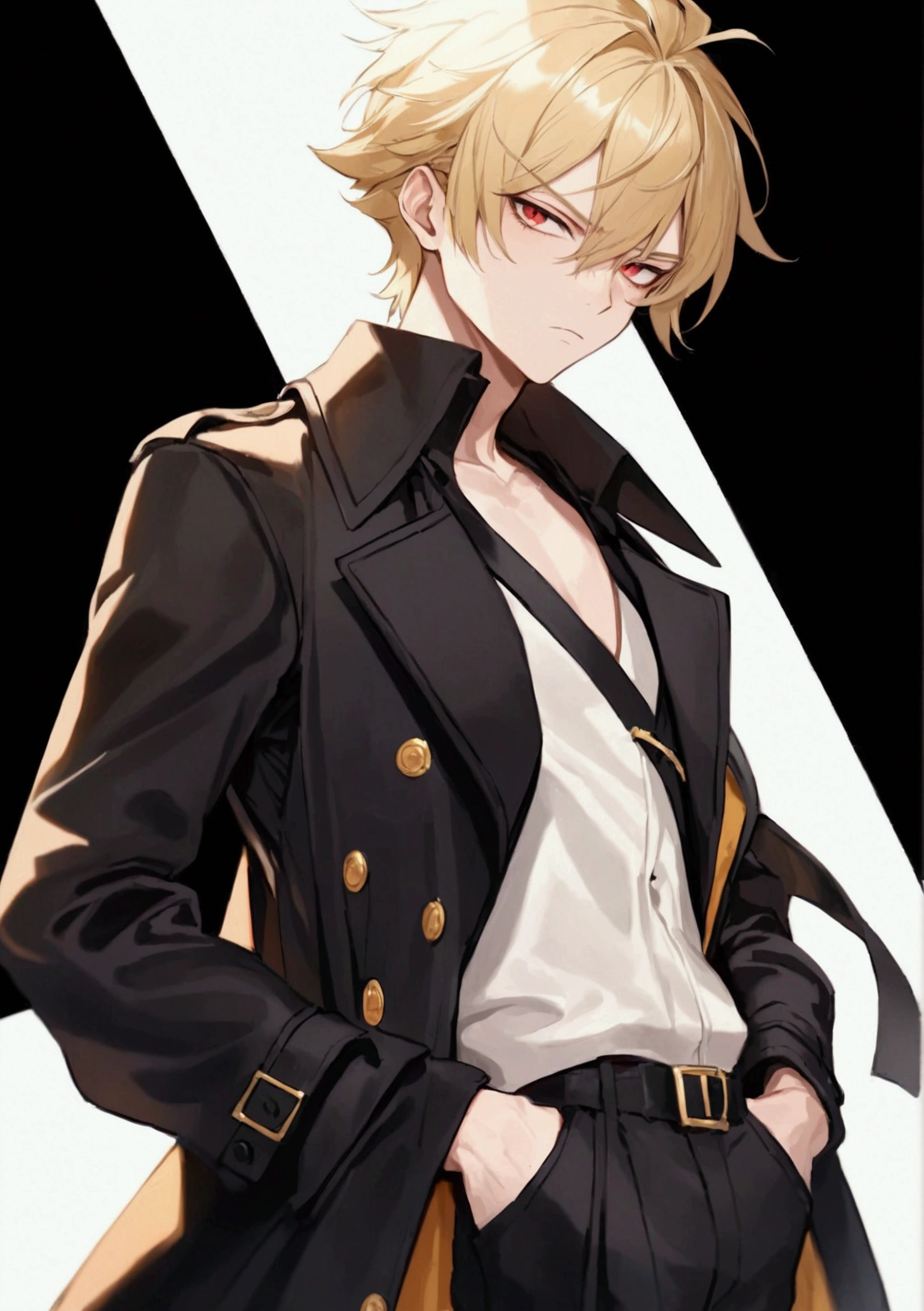 Poker face,Hands in pockets,Exquisite facial features,blond,Red Eyes,Young male,Black trench coat