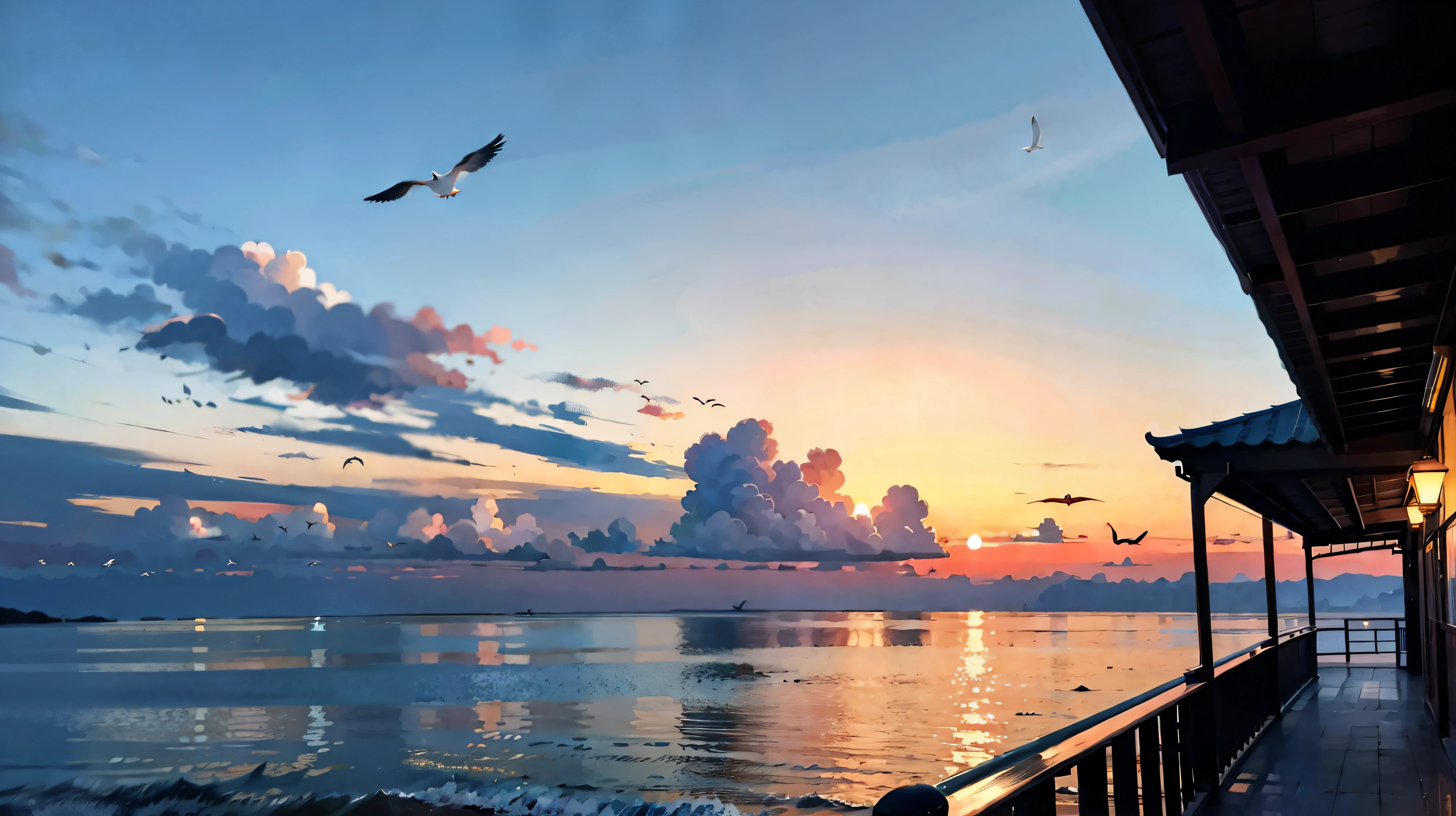 ocean、western-styled building、ocean岸、Luxury Cruise Ship、yacht、Sunset、Seagull