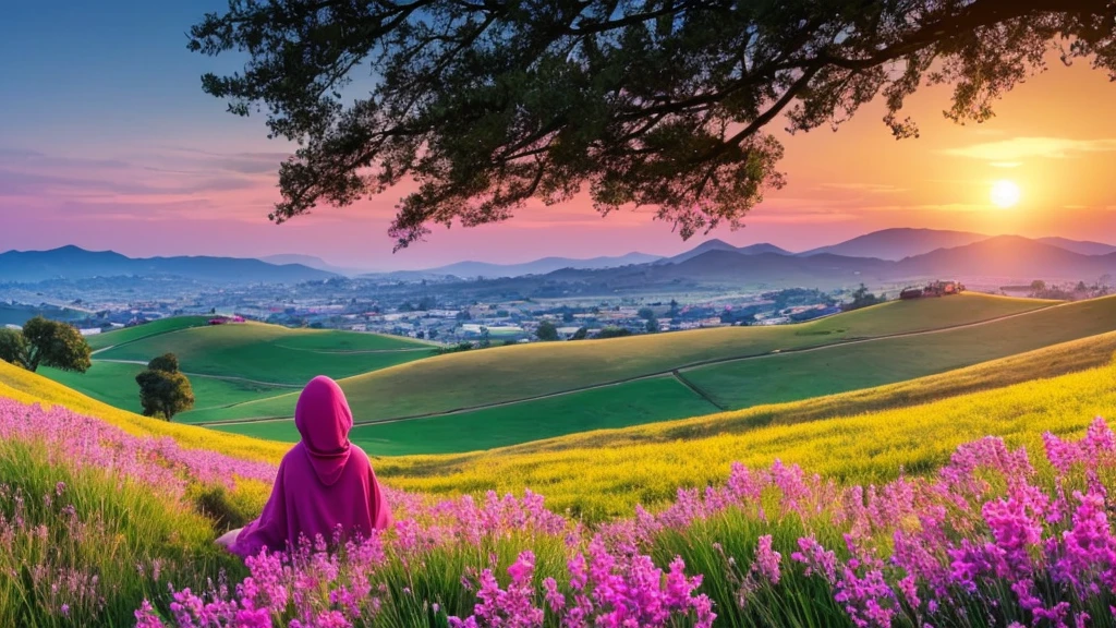 pink and red sunset with 2 hills and a lavender floral towel on the closer hill with a brown skinned girl with medium curly black hair in wide legged jeans and a mustard yellow colored hoodie laying on it, she is watching the sunset, there is a tree but it is spring time so there are flowers in it, there are also flowers on the hills. the hill behind the first hill the girl is laying out flattens out ti meet the first oneThere are birds flying in the air the image is in 1560x1440 (16:9 aspect ratio) in drawing/painting style image is from far away