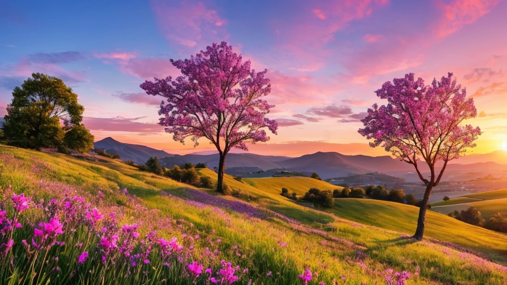 pink and red sunset with 2 hills and a lavender floral towel on the closer hill with a brown skinned girl with medium curly black hair in wide legged jeans and a mustard yellow colored hoodie laying on it, she is watching the sunset, there is a tree but it is spring time so there are flowers in it, there are also flowers on the hills. the hill behind the first hill the girl is laying out flattens out ti meet the first oneThere are birds flying in the air the image is in 1560x1440 (16:9 aspect ratio) in drawing/painting style image is from far away