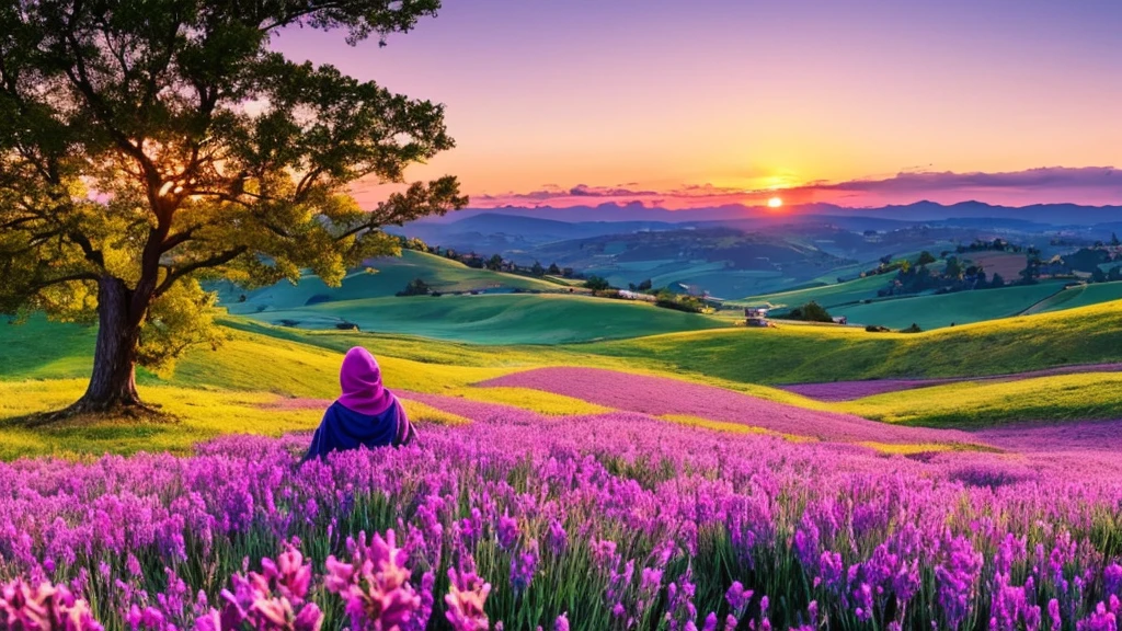pink and red sunset with 2 hills and a lavender floral towel on the closer hill with a brown skinned girl with medium curly black hair in wide legged jeans and a mustard yellow colored hoodie laying on it, she is watching the sunset, there is a tree but it is spring time so there are flowers in it, there are also flowers on the hills. the hill behind the first hill the girl is laying out flattens out ti meet the first oneThere are birds flying in the air the image is in 1560x1440 (16:9 aspect ratio) in drawing/painting style image is from far away