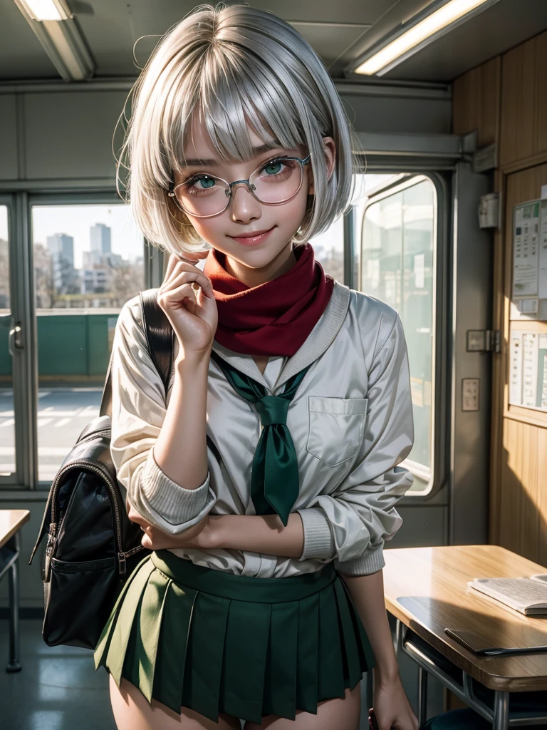 1 girl, beautiful girl, cute girl and idol face, smile, short and bob cut hair, shiny silver hair, antenna hair , beautiful green, eyes, white skin, beautiful body, black-rimmed glasses, Japanese High School Girls' Uniforms, red scarf, Schools, schoolyards, and commuting, school bag