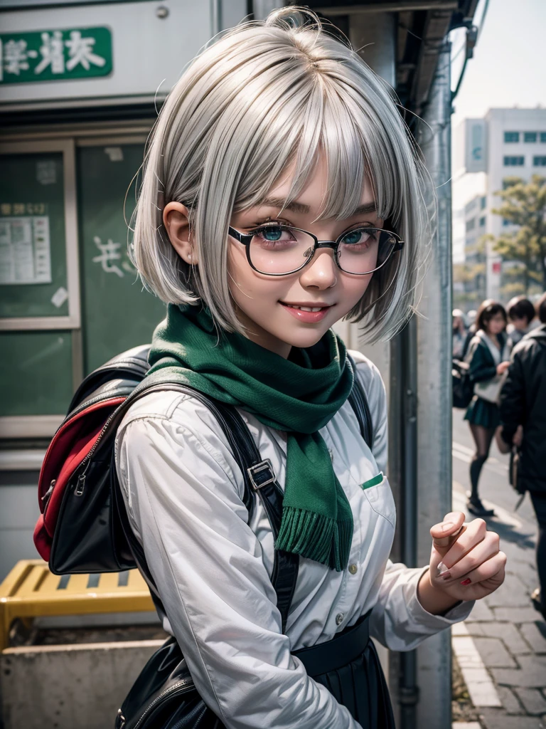 1 girl, beautiful girl, cute girl and idol face, smile, short and bob cut hair, shiny silver hair, antenna hair , beautiful green, eyes, white skin, beautiful body, black-rimmed glasses, Japanese High School Girls' Uniforms, red scarf, Schools, schoolyards, and commuting, school bag 
