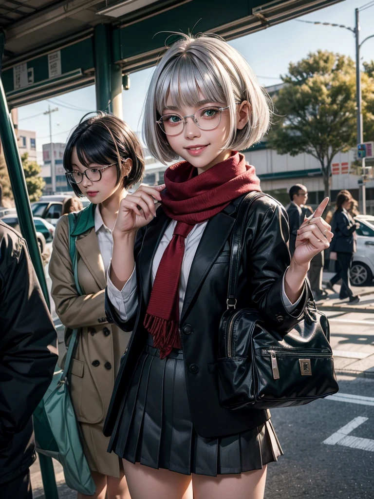 1 girl, beautiful girl, cute girl and idol face, smile, short and bob cut hair, shiny silver hair, antenna hair , beautiful green, eyes, white skin, beautiful body, black-rimmed glasses, Japanese High School Girls' Uniforms, red scarf, Schools, schoolyards, and commuting, school bag