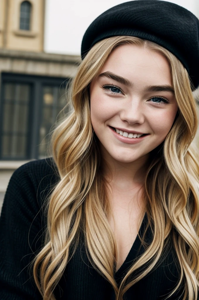 Beautiful blonde girl identical to Florence Pugh with a smile and in a black sweater and with a black beret on her head 
