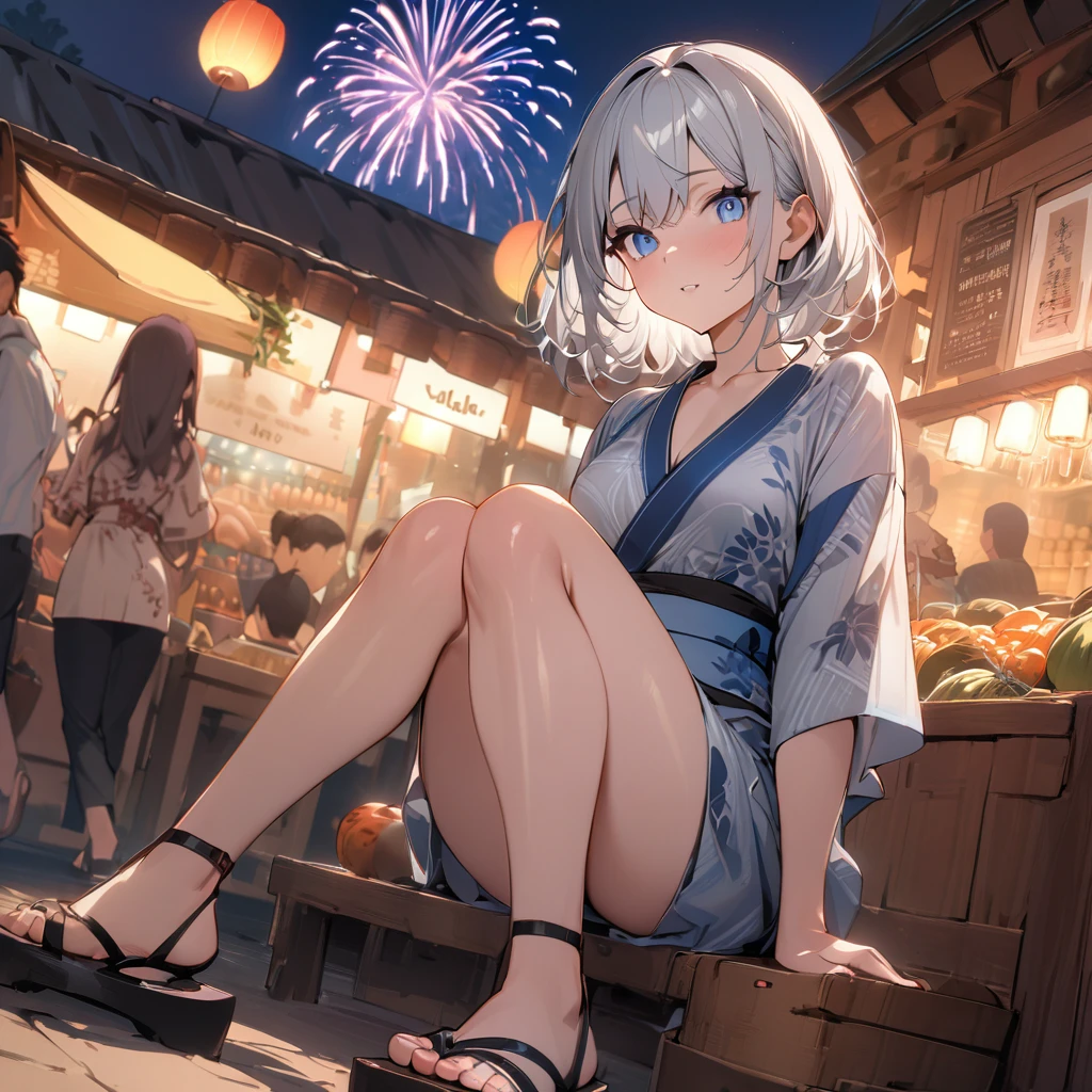 One girl、(((最high quality)), ((masterpiece)), (detailed), masterpiece, 最high quality, high quality, 超detailed, Perfect Face, ((One girl, blue eyes, Silver Bob Hair,))、Shiny Hair、Glowing Skin、yukata、Sandals、Small Breast Summer、port、stall、firework