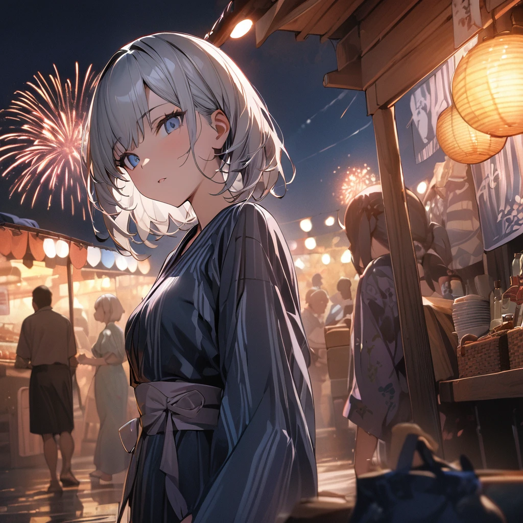 One girl、(((最high quality)), ((masterpiece)), (detailed), masterpiece, 最high quality, high quality, 超detailed, Perfect Face, ((One girl, blue eyes, Silver Bob Hair,))、Shiny Hair、Glowing Skin、yukata、Sandals、Small Breast Summer、port、stall、firework
