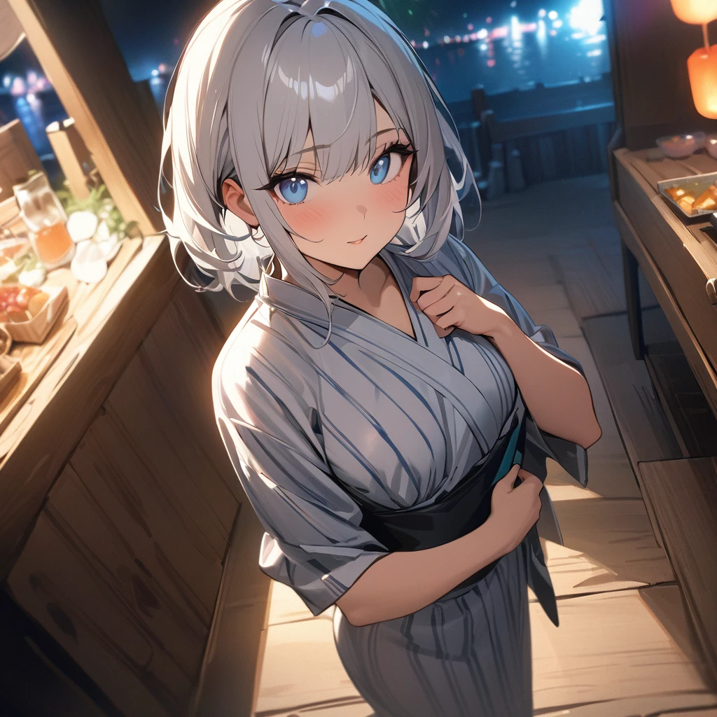 One girl、(((最high quality)), ((masterpiece)), (detailed), masterpiece, 最high quality, high quality, 超detailed, Perfect Face, ((One girl, blue eyes, Silver Bob Hair,))、Shiny Hair、Glowing Skin、yukata、Sandals、Small Breast Summer、port、stall、firework