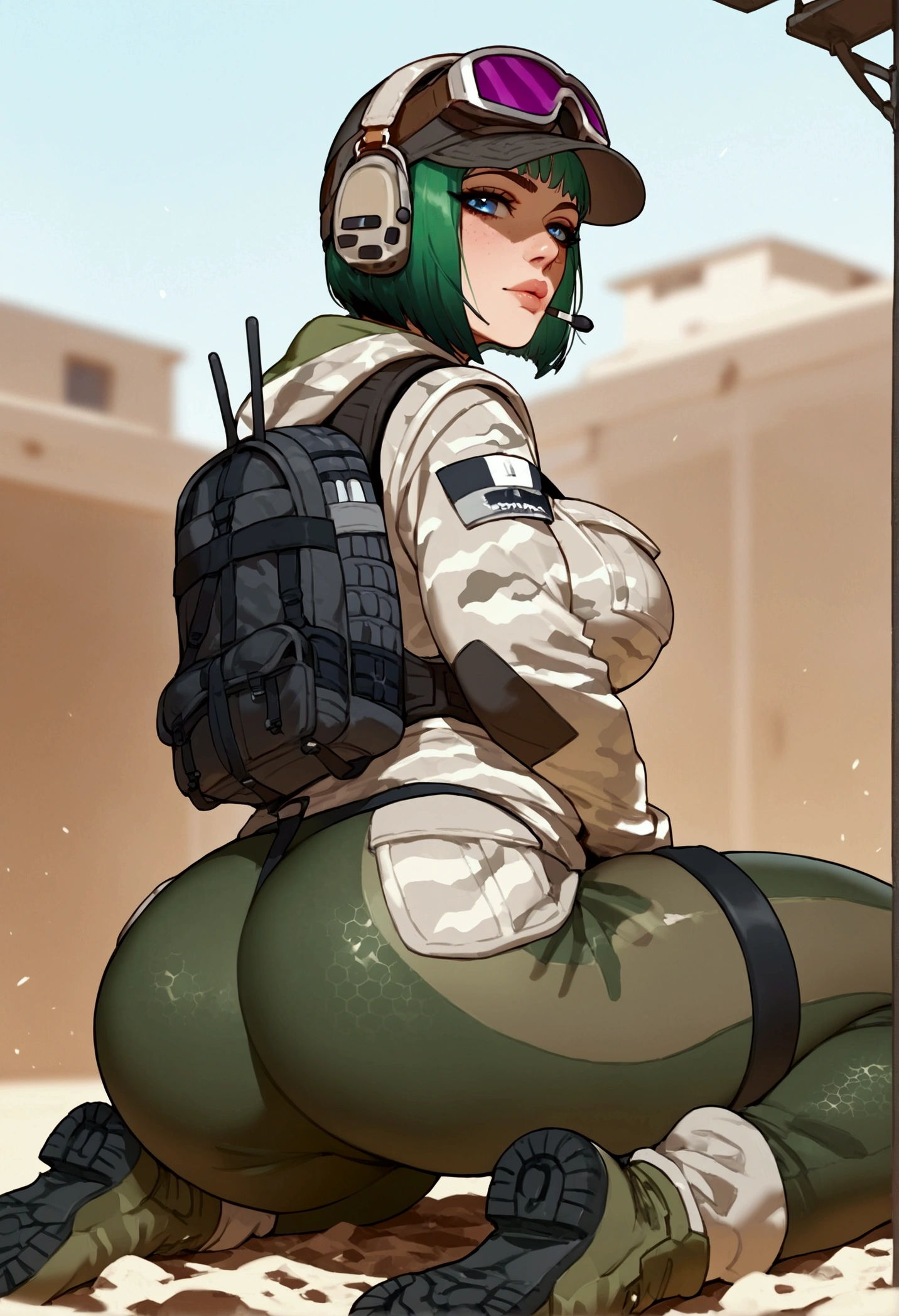 score_9, score_8_up, 1girl, female, solo, score_9, score_8_up, score_7_up, score_6_up, score_5_up, score_4_up, BREAK, 1girl, solo, big breasts, breasts, ela_(rainbow_six_siege), masterpiece, best quality, 1girl, solo, camouflage, ass, blue eyes, goggles, green hair, hat, backpack, short hair, looking back, headset, bag, looking at viewer, sunglasses, goggles on head, camouflage pants, military, sitting, lips, boots, tinted eyewear, baseball cap, eyewear on head, uniform, outside
