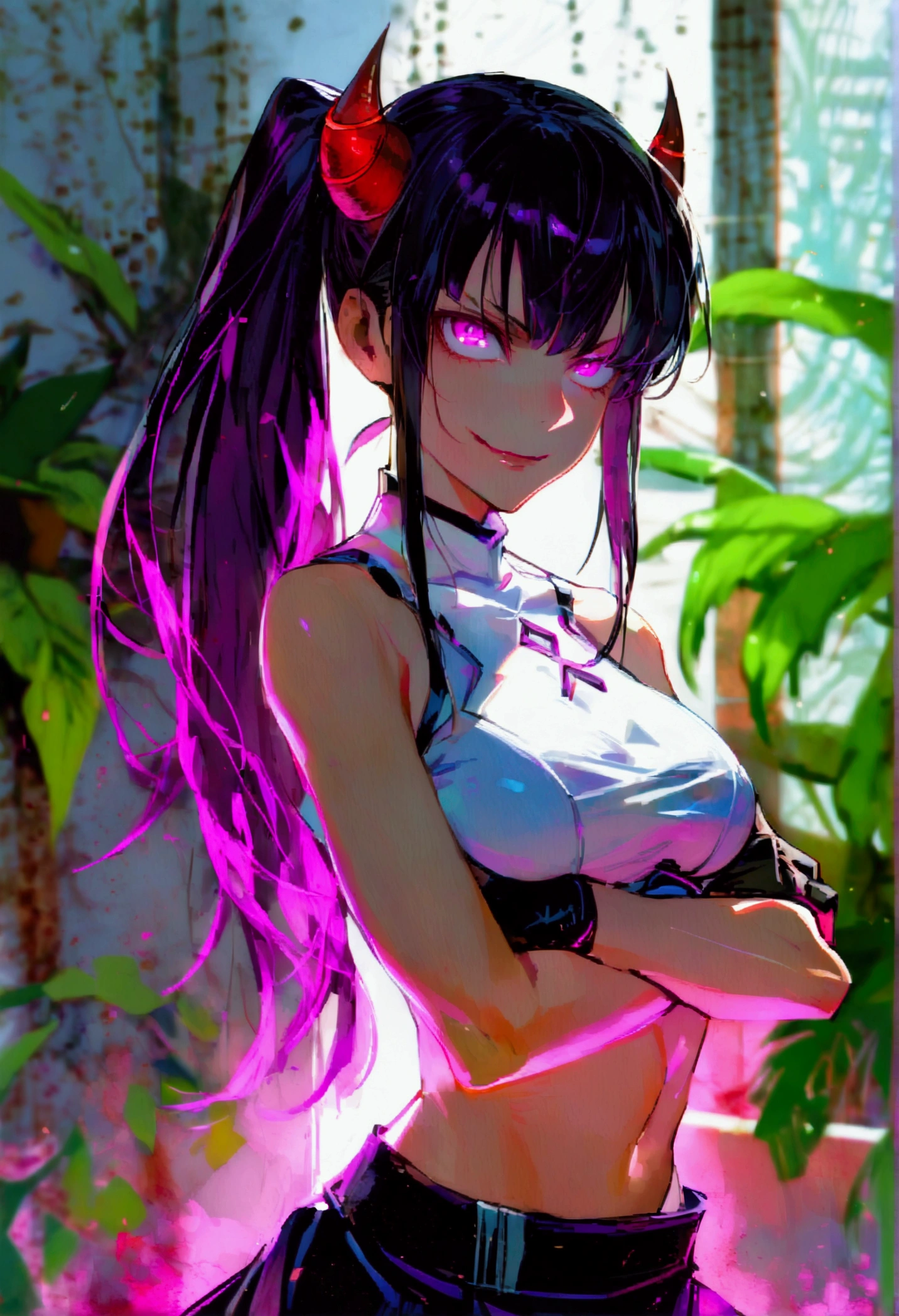 juri han, view from above,staring overhead,1 girl ,standing alone,staring overhead,tight white turtleneck sweatshirt,black socks,standing,arms crossed,room,plant,glowing purple eyes,black short skirt,black glove,large bosom,low lighting,ombre,glowing purple eyes,evil smile,bangs on the eyes,hair horns,staring overhead,evil smile