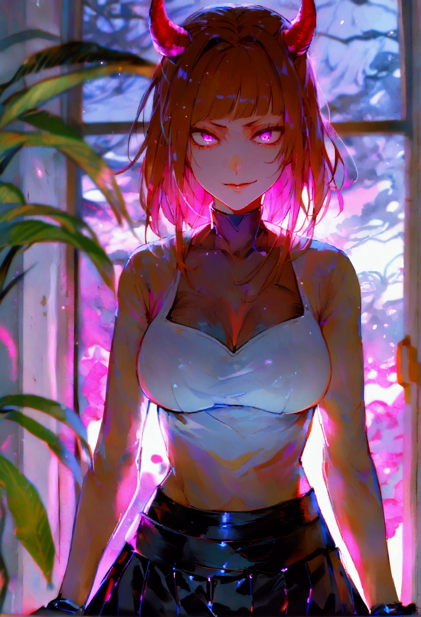 juri han, view from above,staring overhead,1 girl ,standing alone,staring overhead,tight white turtleneck sweatshirt,black socks,standing,arms crossed,room,plant,glowing purple eyes,black short skirt,black glove,large bosom,low lighting,ombre,glowing purple eyes,evil smile,bangs on the eyes,hair horns,staring overhead,evil smile
