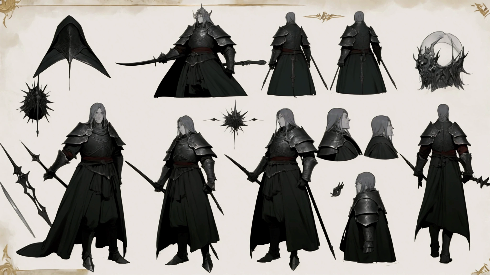 elden ring, dark souls, concept art sheet, items, weapons: A weigtless starved king who wields steam and uses very light red armor.