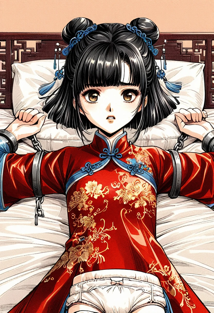 Period drama manga style A -yeld su beautiful Chinese girl with black hair in a bun cut She is lying on a Chinese-style bed, her arms spread apart, bound and chained, wearing a long-sleeved royal Chinese dress and a diaper with a hole for excretion.