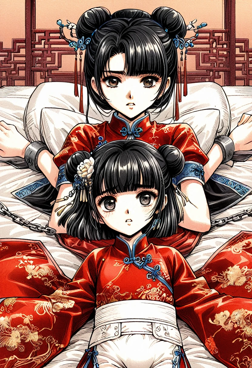 Period drama manga style　A -yeld su beautiful Chinese girl with black hair in a bun cut　She is made to lie on a Chinese-style bed, her arms spread, bound with chains, restrained, dressed in a royal long-sleeved Chinese dress, and has her excretory diaper changed and her wet pussy exposed.