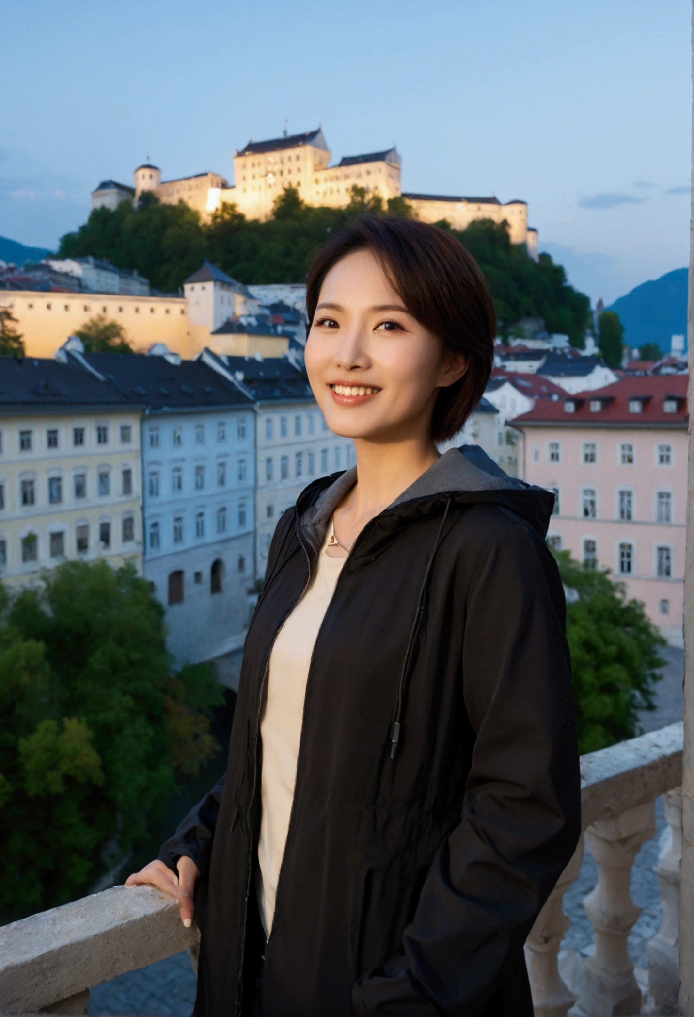 high quality, 1 woman, ((36-year-old healthy Korean woman)), ((36 years old)), 1 woman, eyes are big and beautiful. ((slim)), ((short medium hair)), Smile. pose: standing, windbreaker jacket, background:Your residence is a baroque townhouse with a plaster façade and wrought iron railings.. Overlooking the Salzach River and Hohensalzburg Fortress, night view, Street lamp, looking slightly up, 1 woman, Full body shot with Canon 16-34 wide angle lens, river view, looking up the side