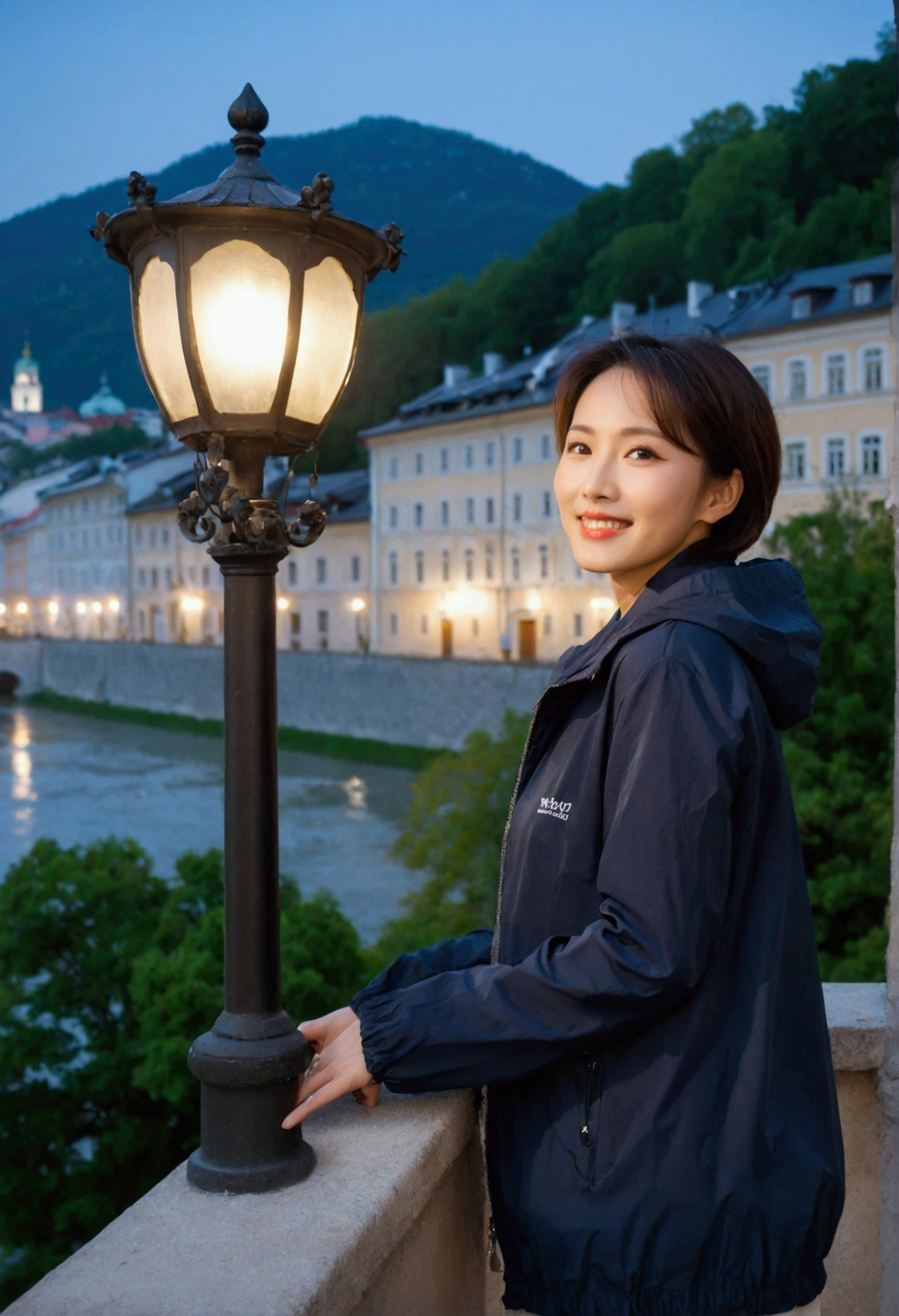 high quality, 1 woman, ((36-year-old healthy Korean woman)), ((36 years old)), 1 woman, eyes are big and beautiful. ((slim)), ((short medium hair)), Smile. pose: standing, windbreaker jacket, background:Your residence is a baroque townhouse with a plaster façade and wrought iron railings.. Overlooking the Salzach River and Hohensalzburg Fortress, night view, Street lamp, looking slightly up, 1 woman, Full body shot with Canon 16-34 wide angle lens, river view, looking up the side