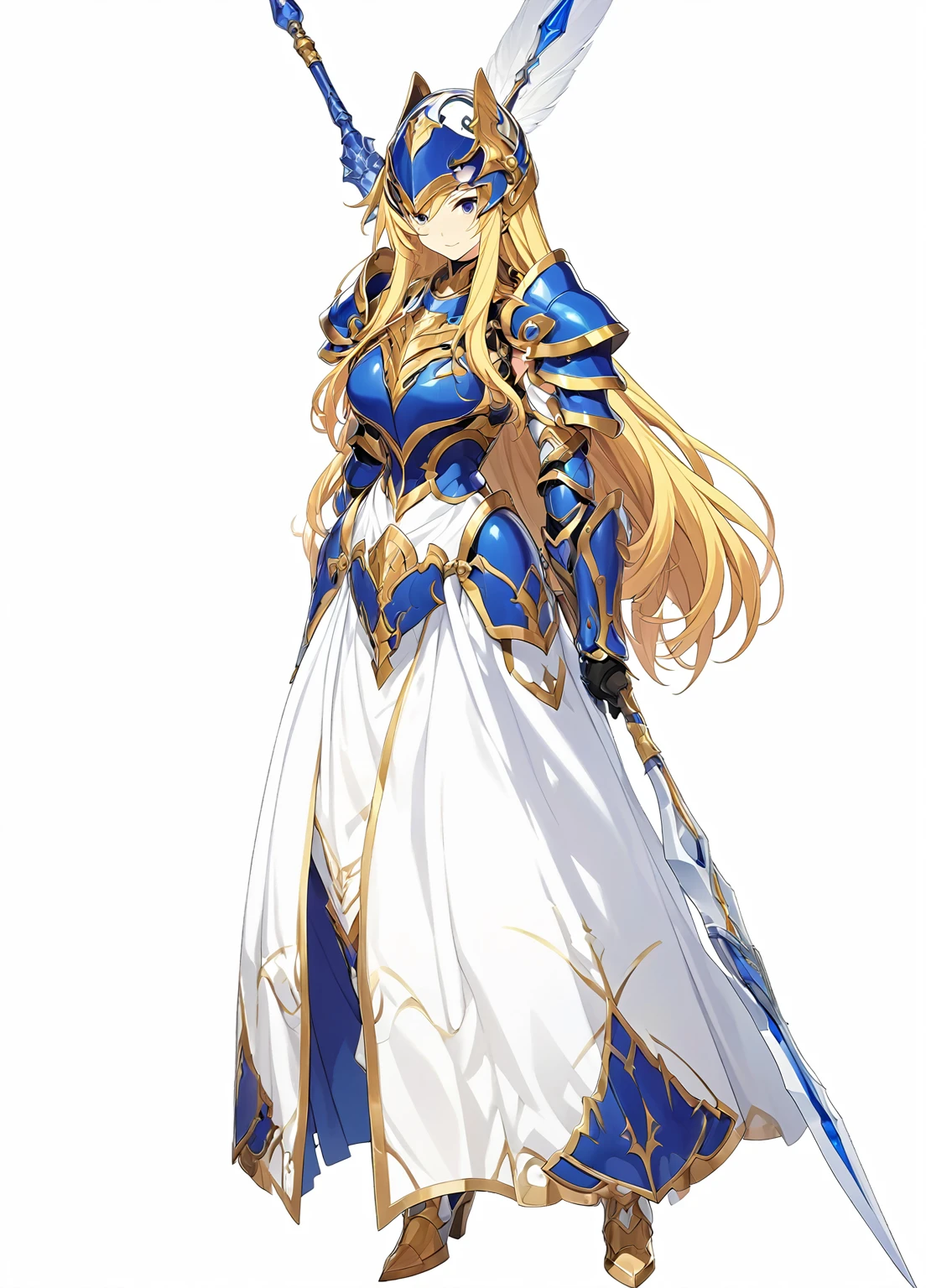 high quality, high resolution, high qualityのゲームアートスタイル, whole body,Valkyrie,perfect hand,Official Art, Smooth game CG art, Visual Novel Sprites, White background,Smooth game CG art, (((Woman with a long spear))),A woman wearing a white dress and blue armor, An intricately designed helmet with white feathers,Small shield, (((In his right hand he holds an elaborate long spear))),Exquisite Blue Armor,Golden Hair, long hair, female knight, Rin々Shii,Large Bust,20-year-old,