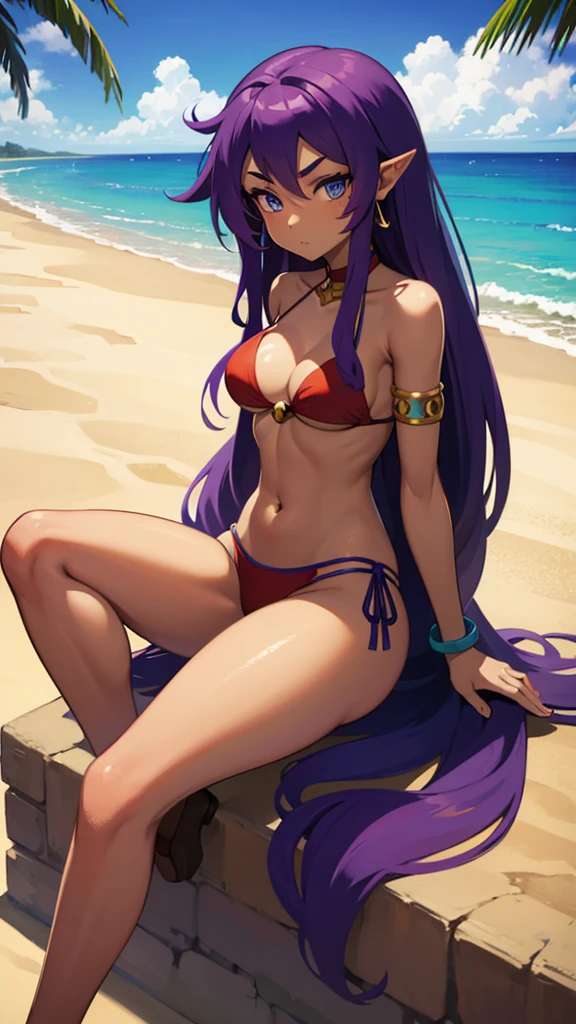 Shantae, brown skin, blue eyes, purple hair, hair down, long hair, red bikini, sitting in sand