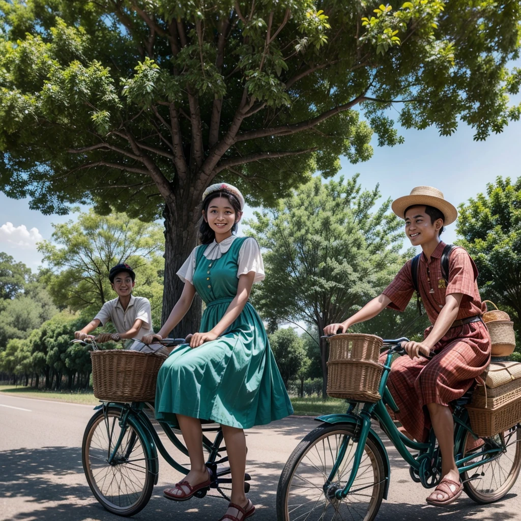 Photo , hyper realistic photo, a young couple of myanmar , wearing old fashion 1950 costume style , riding a bicycle together under a big  peacock tree, along in red earth road, peacefully and happily, in country side, summer daylight.