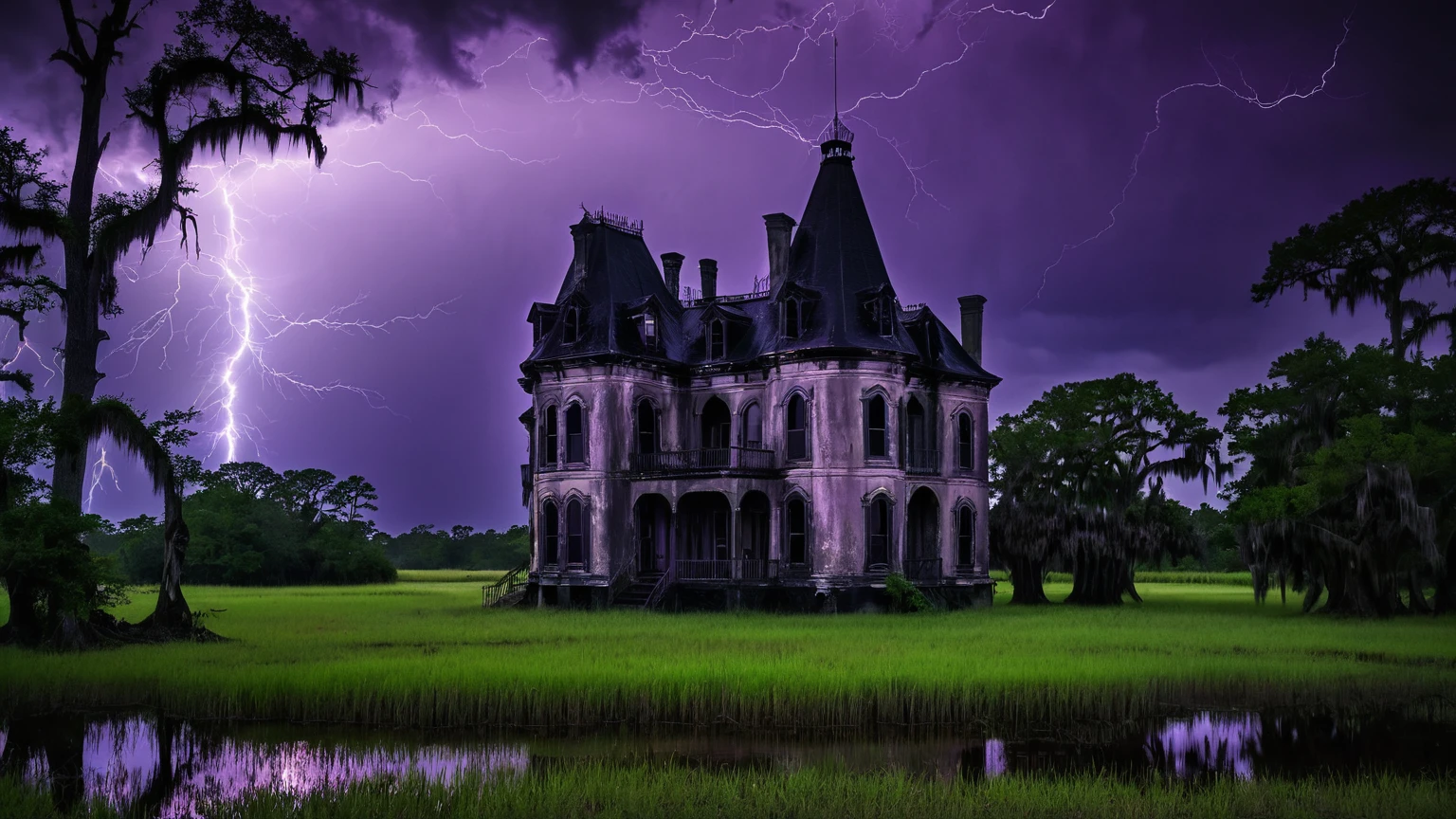 darkest atmosphere, dark purple & black storm clouds during the night, darkness, lightning, a old creepy 19th century black chateau with a octagonal turret façade, near by a swamp graveyard with bald cypress trees & marshes, Louisiana swamp, haunted house, scary, background