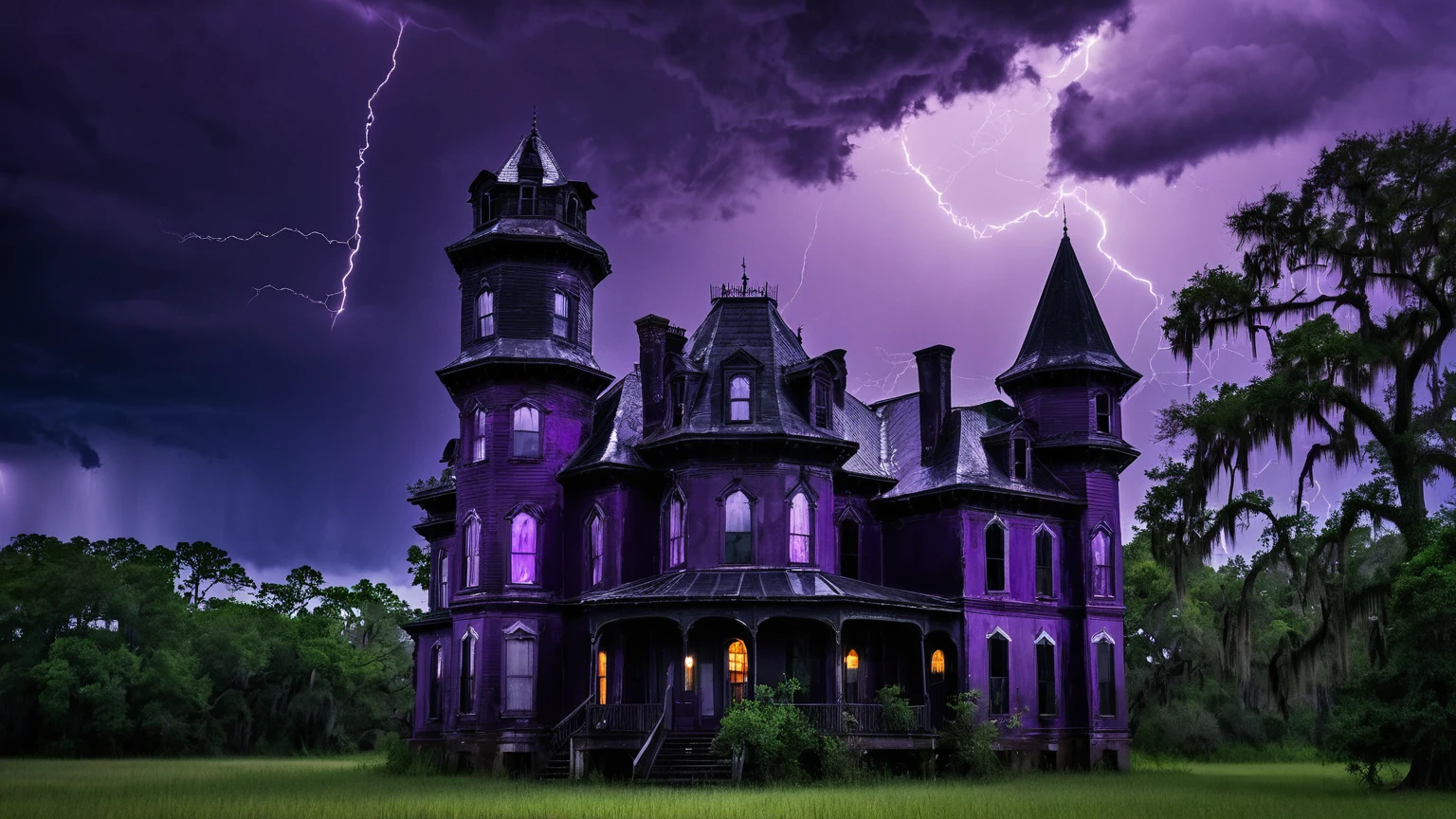 darkest atmosphere, dark purple & black storm clouds during the night, darkness, lightning, a old creepy 19th century black chateau with a octagonal turret façade, near by a swamp graveyard with bald cypress trees & marshes, Louisiana swamp, haunted house, scary, background