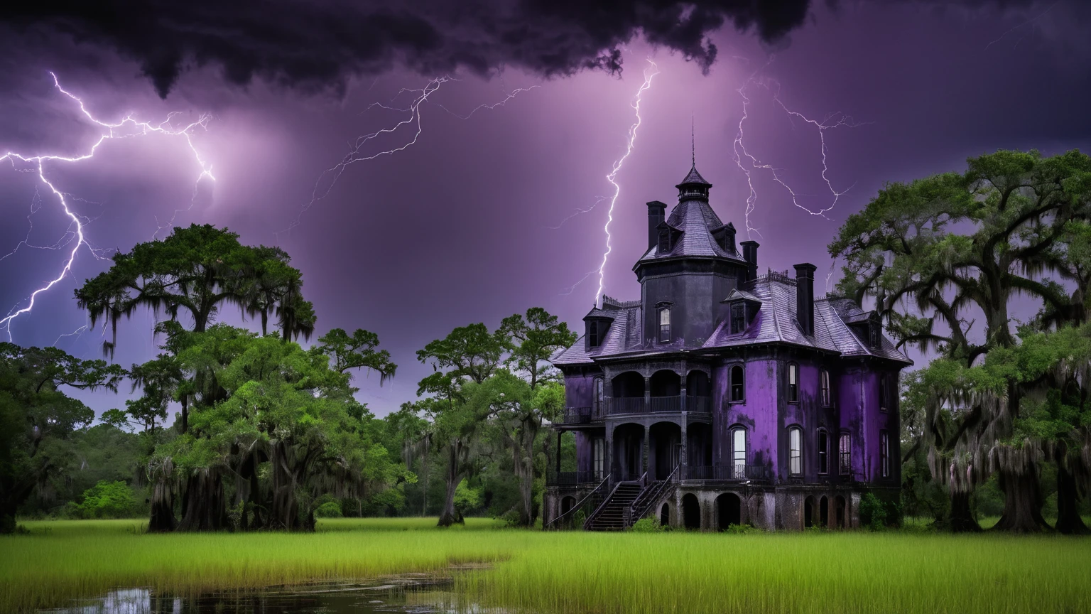 darkest atmosphere, dark purple & black storm clouds during the night, darkness, lightning, a old creepy 19th century black chateau with a octagonal turret façade, near by a swamp graveyard with bald cypress trees & marshes, Louisiana swamp, haunted house, scary, background