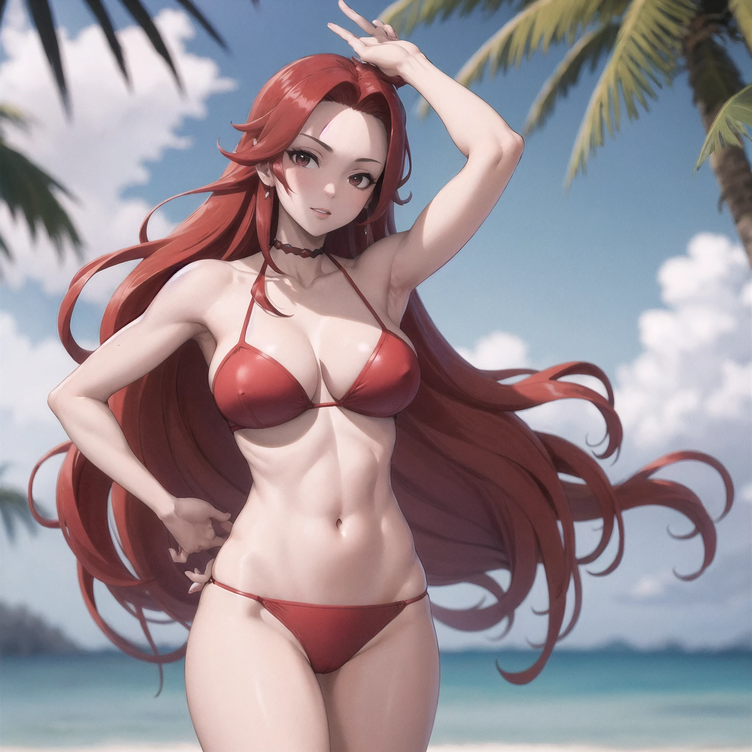 1womanl, muslos grandes, big-ass, Red hair, super long hair, in bikini.