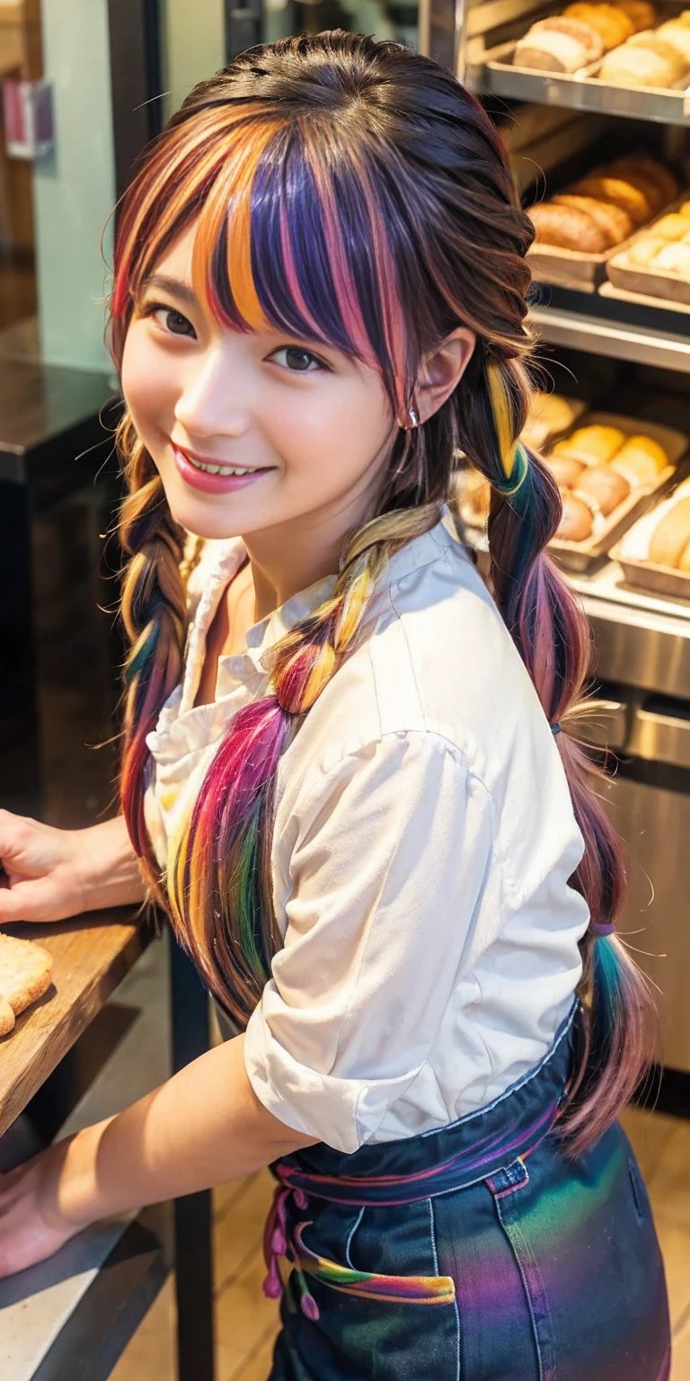((holding a large loaf of bread))、
12 year old girl、
Day本アイドル、

Cute Smile、
Lewd smile、　
Panting face、Pant voice、
Fluid organization:1.6), One beautiful girl with really wild hair, (Colorful wavy hair:1.2),( Two long braids:1.2), (Long wild hair:1.2), (Multicolored Hair: 1.9),Cute smile
Bakery Sales Staff、

Angle from directly below、
Low - Angle、スーパーLow - Angle、
apron、
blouse(See-through)、
はだけるblouse、
My shirt is open、
Open shirt、
hot pants、
ピンク色のhot pants、I can see a little underwear、Thighs、Butt、Beautiful buttocks、
I'm cleaning、
I'm wiping the floor.、Wipe the floor with a rag、
Bend over to clean、




clear、serious
Bakery Cafe、bread
Bakery clerk、Day本アイドル、

(masterpiece), (Highest quality:1.4), Absurd, [:Intricate details:0.2],  (View your viewers:1.2), Day,  reflection、
Reddish hair，Golden Student，enjoy，Moist，肉感Thighs，Slim figure，Moist, Glowing pink skin，transparent，Mature Woman，Affectionate expressions，情熱的に取り組んでいます

Day本アイドル