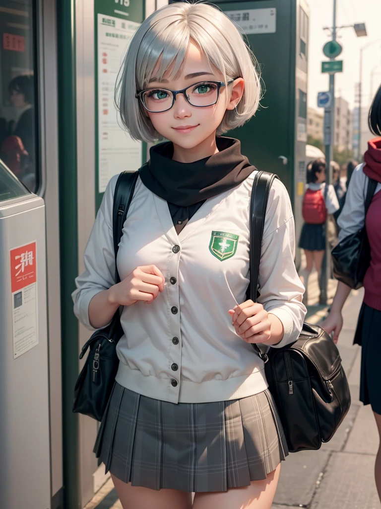 1 girl, beautiful girl, cute girl and idol face, smile, short and bob cut hair, shiny silver hair, antenna hair , beautiful green, eyes, white skin, beautiful body, black-rimmed glasses, Japanese High School Girls' Uniforms, red scarf, Schools, schoolyards, and commuting, school bag