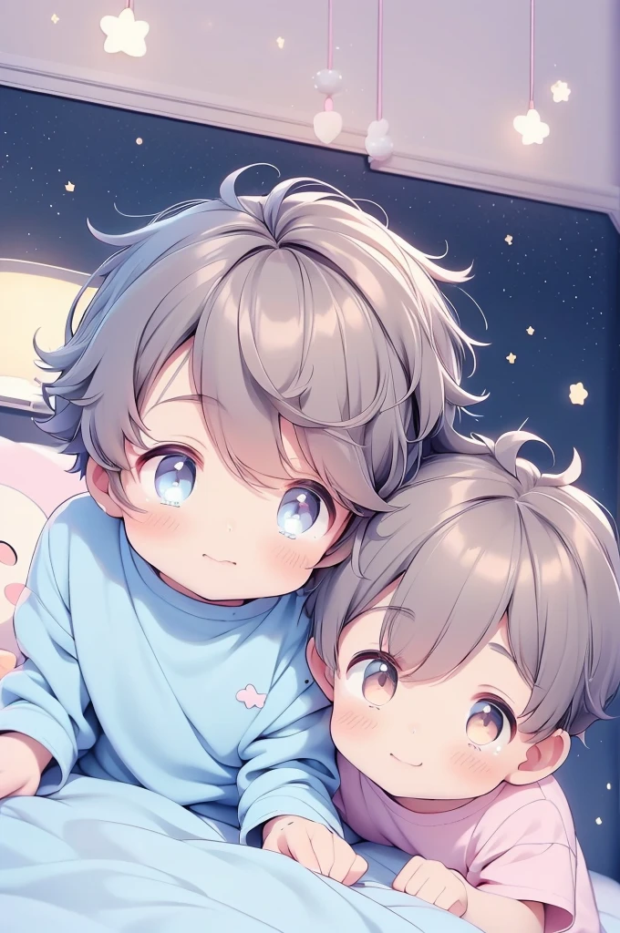 2 boys,((2 boys sitting on bed)), black hair,reading a book, bedroom, cute room,((pastel colors)),kawaiitech,cute colors,kawaii,stars are hanging above bed,bedtime stories,pillows,soft toys,bedcover,masterpiece,((ultra detailed)),flat coloring,cute flat colors,(((view from above))),oikawa tooru,brown hair,brown eyes,looking at viewer