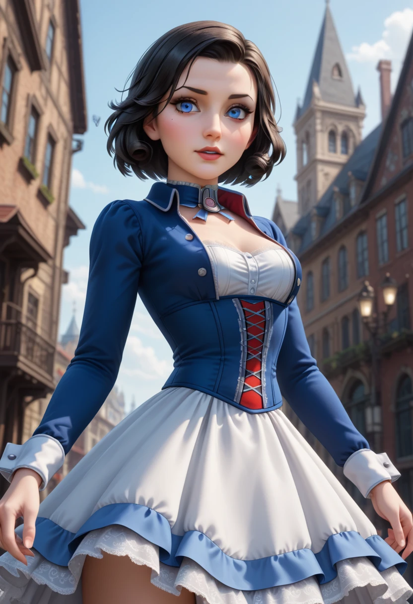 1girl, Elizabeth, bioshock infinite, black hair, short hair, blue eyes, royal blue bolero jacket with white cuffs and a built-up collar hemmed with a delicate white lace and a matching full-length voluminous skirt, flaring out from the waist. A white petticoat's lace trim is visible at the bottom of the skirt. Underneath the open jacket is an intricately laced white corset, with black bone casing, giving her an hourglass-shaped waist. intricate detail, very detailed, masterpiece quality, ultra HD, 4K, best quality,