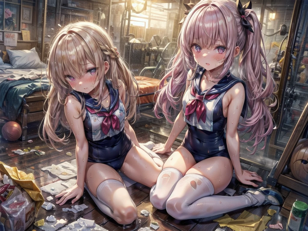 The whole body is covered in oilで光沢感がある Small pieces of tissue paper rolled up, A small piece of crumpled tissue paper, A small piece of tissue paper that fell to the ground and was torn apart, Excessive sweating on the face,Sweat dripping down,Sitting on a dirty bed, Dirty futon with golden stains Dirty old gym mat ,Gymnasium Warehouse, There are lots of small pieces of tissue paper on the floor , Crumpled garbage is scattered everywhere., Very dirty gym mat, Messy room, Dimly lit room Hardwood Floors Scattered small rolled tissue papers Upper body sailor suit, Lower body skirt swimsuit Inner swimwear Illustration Style Anime Style Small lips Face of Shame Embarrassing beautiful girl Very cute clothes Cheeks pink Light purple hair Blonde long hair super curly hair Super long sideburns Rubber clothing hair band Pearl white silk tights that become transparent when wet White super long boots Big eyes Hanging eyes Angry Blushing Shocking Pink Rouge Sweating profusely Crushed small tissue paper The whole body is wet from rain Mucus clings to the whole body Steam coming out of the whole body Steam rises across the screen. White Breath Haa The whole body is covered in oil evening Overall orange background Sunset sunshine