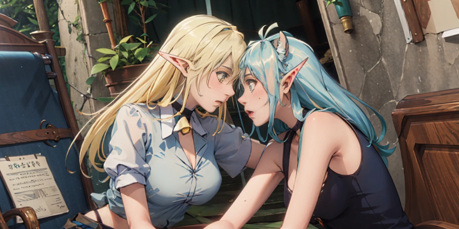 cute young girl, light blue hair, long hair, small braids hair, yellow eyes, dragon horn, dragon tail, elf ear, muscular body, small breast, nude, sleep pose, having sex, to much cum, saliva, penis put in, ahegao, kiss with 1muscle boy, brown hair, orange bandana