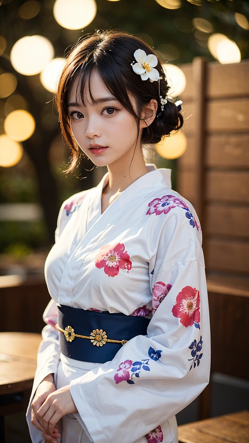 (table top, best quality:1.4), beautiful face, 8K, 85mm, absurd, (Floral yukata:1.4), upper part of the body, breast exposure、 violet family, gardenia, delicate girl, alone, night, looking at viewer, upper body, film grain, chromatic aberration, sharp focus, face lighting, professional lighting, elaborate, (laugh:0.4), split, (simple background, bokeh background:1.2), detail face