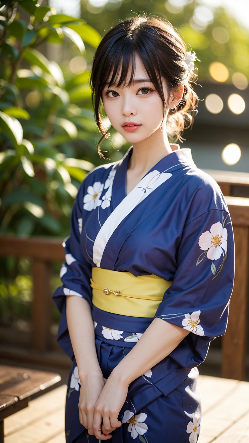(table top, best quality:1.4), beautiful face, 8K, 85mm, absurd, (Floral yukata:1.4), upper part of the body, breast exposure、 violet family, gardenia, delicate girl, alone, night, looking at viewer, upper body, film grain, chromatic aberration, sharp focus, face lighting, professional lighting, elaborate, (laugh:0.4), split, (simple background, bokeh background:1.2), detail face