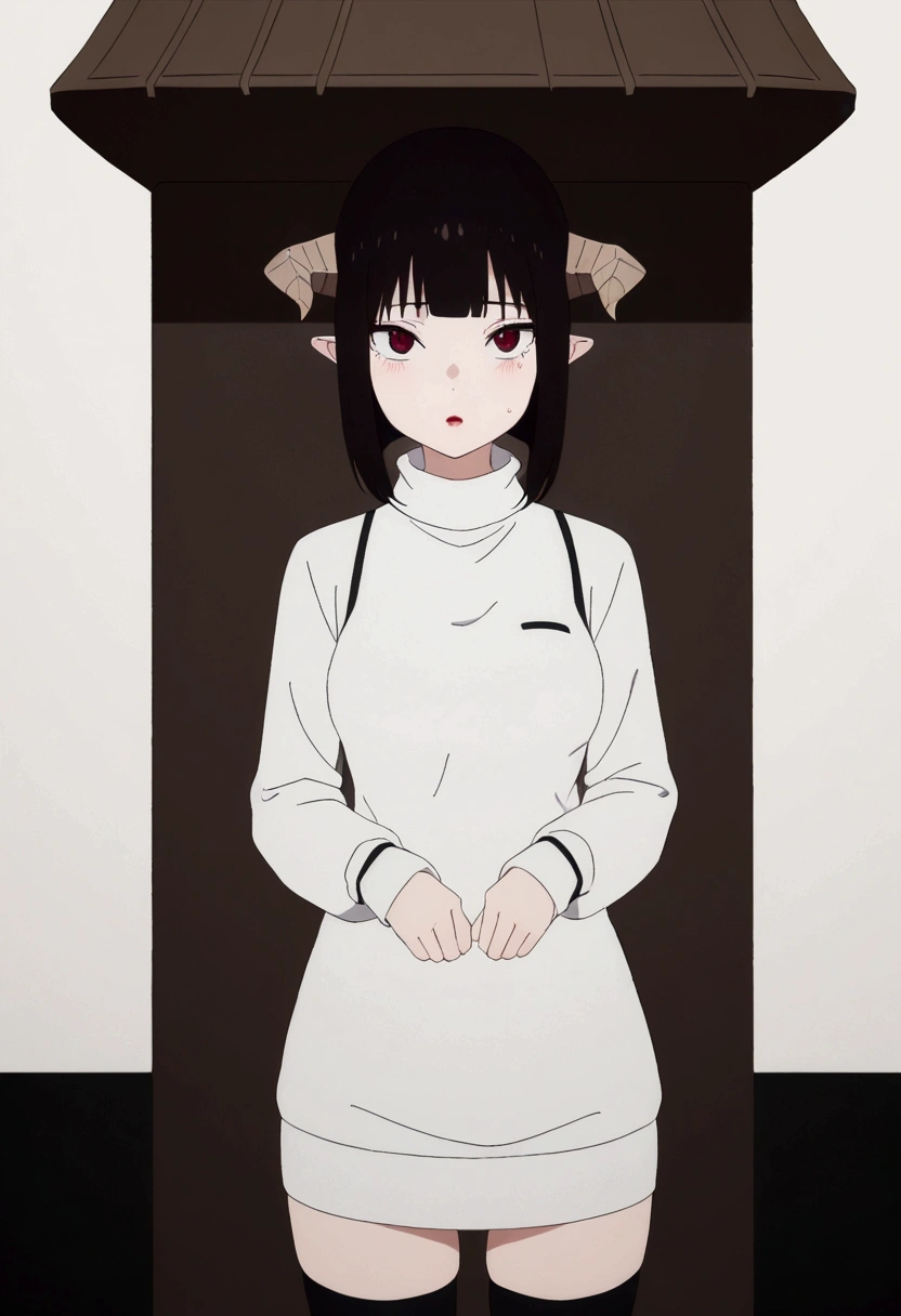 (work of art, ultra detali,high resolution,8K), 1 girl ,standing alone,hinterland,Look to viewer, TochaTortura, trunk,sheen,brunette skin,crouched,,black socks,horns on head,He would be,face red,blushed,staring overhead,White sweater