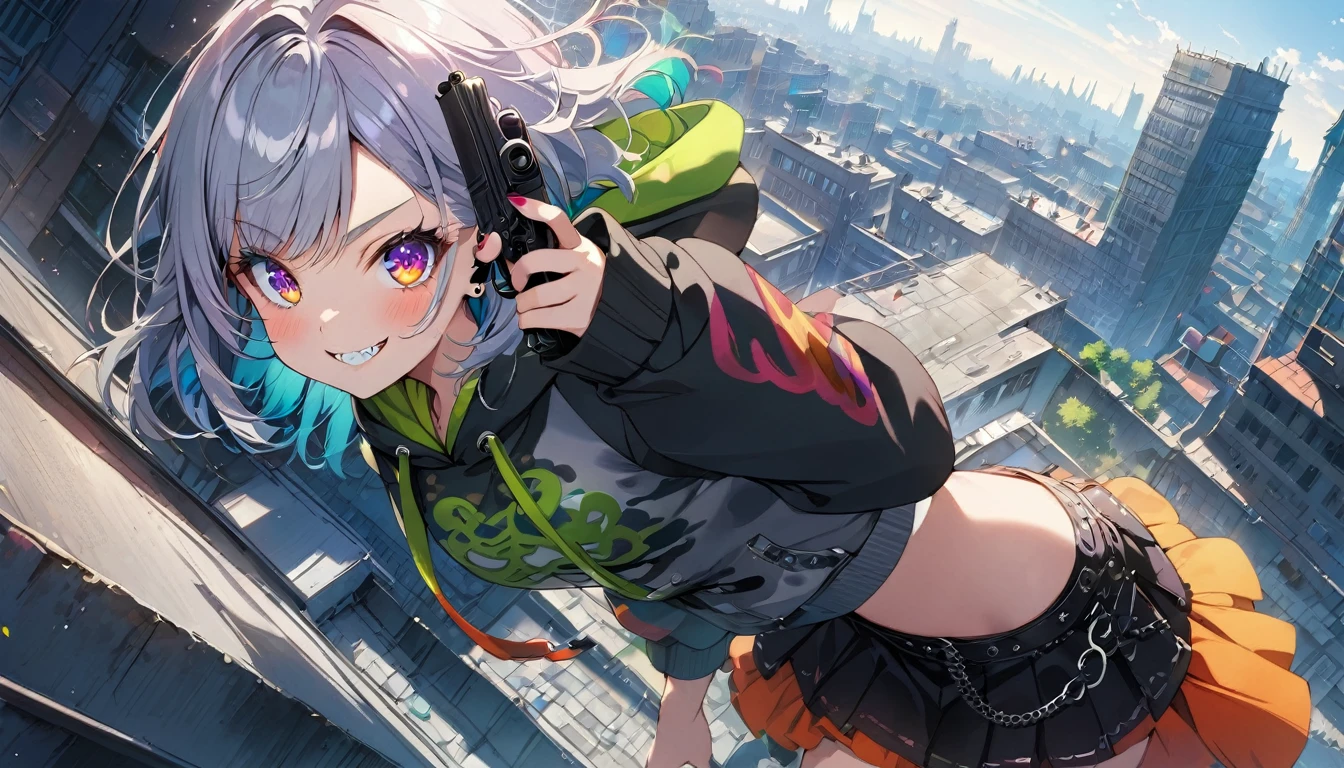 ((Masterpiece)), ((best quality)), (Anime:1.3), (super detail:1.2), (High Definition:1.3), (Professional Photography:1.3), cute young Girl, Glossy unruly hair, (loose swept bangs), (silver ash hair), medium hair, big eyes, (Eye bags:1.3), (Long eyelashes), colorful eyes, (holding handgun:1.3), (jumping), Glossy lips, (jagged teeth), (evil smile and blush), ((Camouflage hoodie with oversized)), mini skirt, (upper body:1.3), wind, barearms, cute, (colorful:1.3), gothic makeup, (wearing headphone), pretty, Celtic, maniac, (at the roof of the building), (dutch angle:1.3),